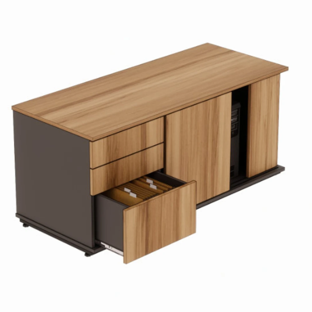 Armário credenza com 2 gavetas e 1 gavetão com nicho para CPU e porta de correr Level